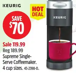 Canadian Tire KEURIG Supreme Single- Serve Coffeemaker. 4 cup sizes offer