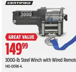 Canadian Tire CERTIFIED 3000-lb Steel Winch with Wired Remote offer