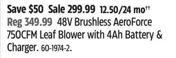 Canadian Tire yardworks 48V Brushless AeroForce 750CFM Leaf Blower with 4Ah Battery & Charger offer