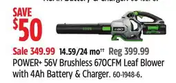 Canadian Tire POWER+ 56V Brushless 670CFM Leaf Blower with 4Ah Battery & Charger offer