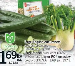 Fortinos LARGE ENGLISH CUCUMBERS OR LARGE FENNEL OR PC COLESLAW offer