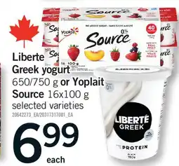 Fortinos LIBERTE GREEK YOGURT, 650/750 G OR YOPLAIT SOURCE offer
