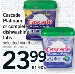 Fortinos CASCADE PLATINUM OR COMPLETE DISHWASHING TABS, 51-90'S offer