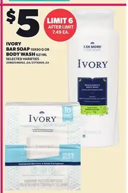 Loblaws IVORY BAR SOAP, 10X90 G OR BODY WASH, 621 ML offer