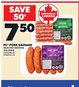 Loblaws PC PORK SAUSAGE, 375/500 G offer