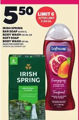 Loblaws IRISH SPRING BAR SOAP, 6X104 G, BODY WASH 591 ML OR SOFT SOAP BODY WASH, 591 ML offer