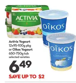 Longo's Activia Yogourt 12x95-100g pkg or Oikos Yogourt 650-750g tub offer