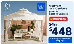 Walmart Westmont 10' x 10' soft top gazebo offer