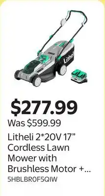 Walmart Litheli 2*20V 17 Cordless Lawn Mower with Brushless Motor + 2*4.0Ah Battery & Charger offer