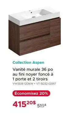 Bath Depot Collection Aspen Vanité murale 36 po au fini noyer foncé à 1 porte et 2 tiroirs offer