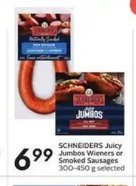 Safeway Schneiders Juicy Jumbos Wieners or Smoked Sausages offer