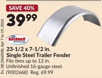 Princess Auto 23-1/2 x 7-1/2 in. Single Steel Trailer Fender offer