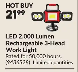 Princess Auto LED 2,000 Lumen Rechargeable 3-Head Work Light offer