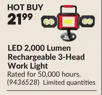 Princess Auto LED 2,000 Lumen Rechargeable 3-Head Work Light offer