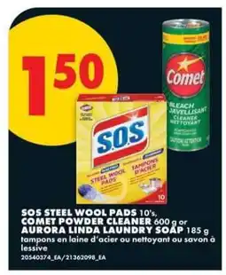 No Frills SOS Steel Wool Pads, Comet Powder Cleaner, Aurora Linda Laundry Soap offer