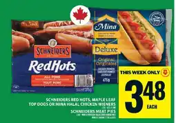 Food Basics Schneiders Red Hots, Maple Leaf Top Dogs or Mina Halal Chicken Wieners offer