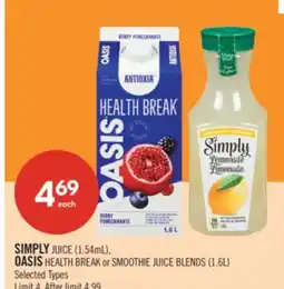Shoppers Drug Mart SIMPLY JUICE (1.54mL), OASIS HEALTH BREAK or SMOOTHIE JUICE BLENDS (1.6L) offer