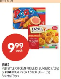 Shoppers Drug Mart JANES PUB STYLE CHICKEN NUGGETS, BURGERS (700g) or POGO WIENERS ON A STICK (8's - 10's) offer
