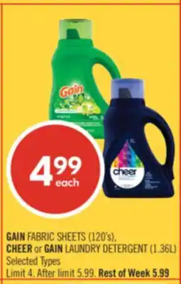 Shoppers Drug Mart GAIN FABRIC SHEETS (120's), CHEER or GAIN LAUNDRY DETERGENT (1.36L) offer