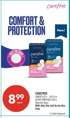 Shoppers Drug Mart CAREFREE LINERS (93's - 120's) or ULTRA THIN PADS (28's) offer