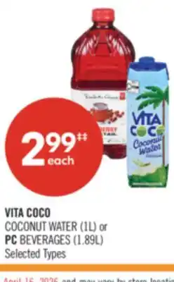 Shoppers Drug Mart VITA COCO COCONUT WATER (1L) or PC BEVERAGES (1.89L) offer
