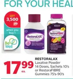 Rexall RESTORALAX Laxative Powder 14 Doses, Sachets 10' s or RestoraFIBRE Gummies 75' s-90' s offer
