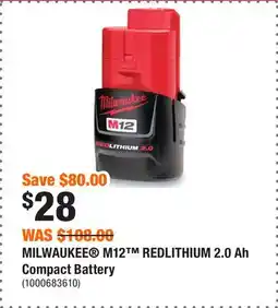 Home Depot MILWAUKEE M12 REDLITHIUM 2.0 Ah Compact Battery offer