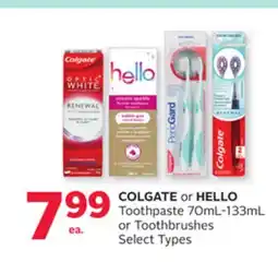 Rexall COLGATE or HELLO Toothpaste 70mL-133mL or Toothbrushes offer