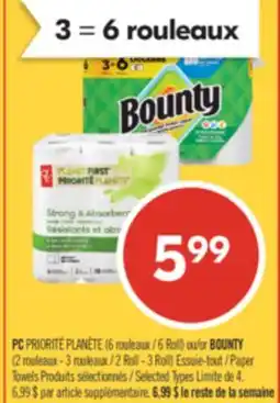 Pharmaprix PC PRIORITÉ PLANÈTE (6 Roll) or BOUNTY (2 Roll - 3 Roll) Paper Towels offer