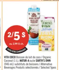 Pharmaprix VITA COCO Organic Coconut (1 L), NATUR-A or EARTH'S OWN (946 mL) Alternative Beverages offer