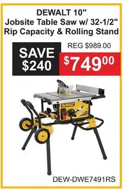 Atlas Tools & Machinery DEWALT 10 Jobsite Table Saw w/32-1/2 Rip Capacity & Rolling Stand offer