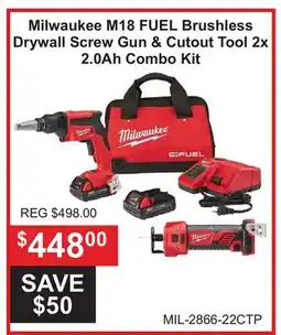 Atlas Tools & Machinery Milwaukee M18 FUEL Brushless Drywall Screw Gun & Cutout Tool 2x 2.0Ah Combo Kit offer