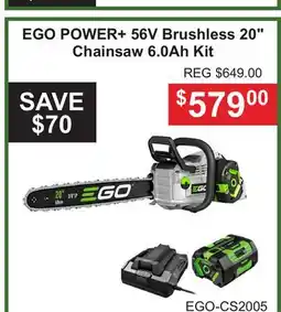 Atlas Tools & Machinery EGO POWER + 56V Brushless 20 Chainsaw 6.0Ah Kit offer