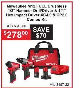 Atlas Tools & Machinery Milwaukee M12 FUEL Brushless 1/2 Hammer Drill/Driver & 1/4 Hex Impact Driver XC4.0 & CP2.0 Combo Kit offer