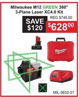 Atlas Tools & Machinery Milwaukee M12 GREEN 360° 3-Plane Laser XC4.0 Kit offer