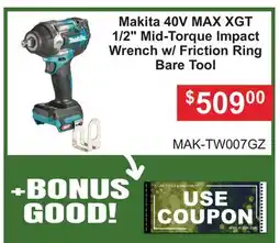 Atlas Tools & Machinery Makita 40V MAX XGT 1/2 Mid-Torque Impact Wrench w/Friction Ring offer