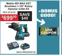 Atlas Tools & Machinery Makita 40V MAX XGT Brushless 1-1/8 Rotary Hammer 4.0Ah Kit offer