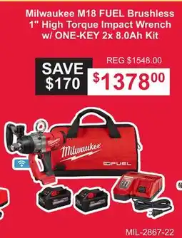 Atlas Tools & Machinery Milwaukee M18 FUEL Brushless 1 High Torque Impact Wrench w/ONE-KEY 2x 8.0Ah Kit offer