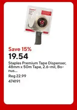 Staples Staples Premium Tape Dispenser, 48mm x 50m Tape, 2.6-mil, Bonus Tape Roll offer
