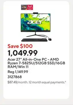 Staples Acer 27 All-in-One PC - AMD Ryzen 7-5825U/512GB SSD/16GB RAM/Win 11 offer
