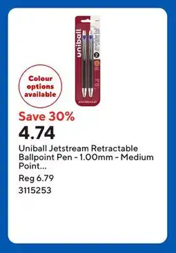 Staples Uniball Jetstream Retractable Ballpoint Pen - 1.00mm - Medium Point - Blue Ink offer