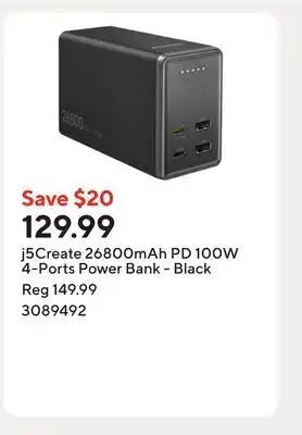 Staples j5Create 26800mAh PD 100W 4-Ports Power Bank - Black offer