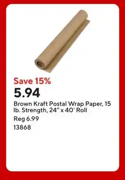 Staples Brown Kraft Postal Wrap Paper, 15 lb. Strength, 24 x 40' Roll offer