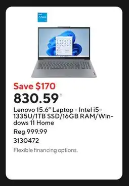 Staples Lenovo 15.6 Laptop - Intel i5-1335U/1TB SSD/16GB RAM/Windows 11 Home offer
