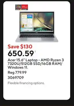 Staples Acer 15.6 Laptop - AMD Ryzen 3 7320U/512GB SSD/16GB RAM/Windows 11 offer