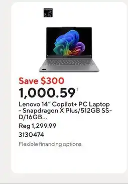 Staples Lenovo 14 Copilot+ PC Laptop - Snapdragon X Plus/512GB SSD/16GB RAM/Windows 11 Home offer