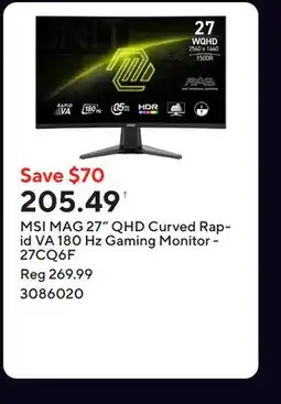Staples MSI MAG 27 QHD Curved Rapid VA 180 Hz Gaming Monitor - 27CQ6F offer