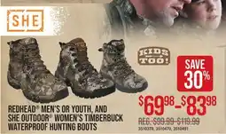 Cabela's REDHEAD MEN'S OR YOUTH, AND SHE OUTDOOR WOMEN'S TIMBERBUCK WATERPROOF HUNTING BOOTS offer