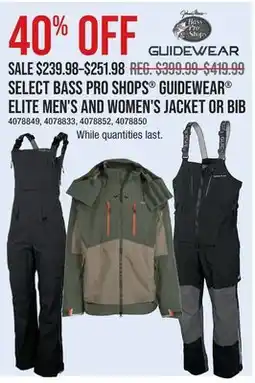 Cabela's SELECT BASS PRO SHOPS GUIDEWEAR ELITE MEN'S AND WOMEN'S JACKET OR BIB offer