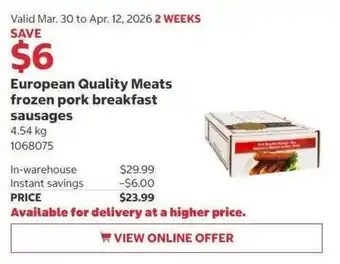 Costco European Quality Meats frozen pork breakfast sausages offer